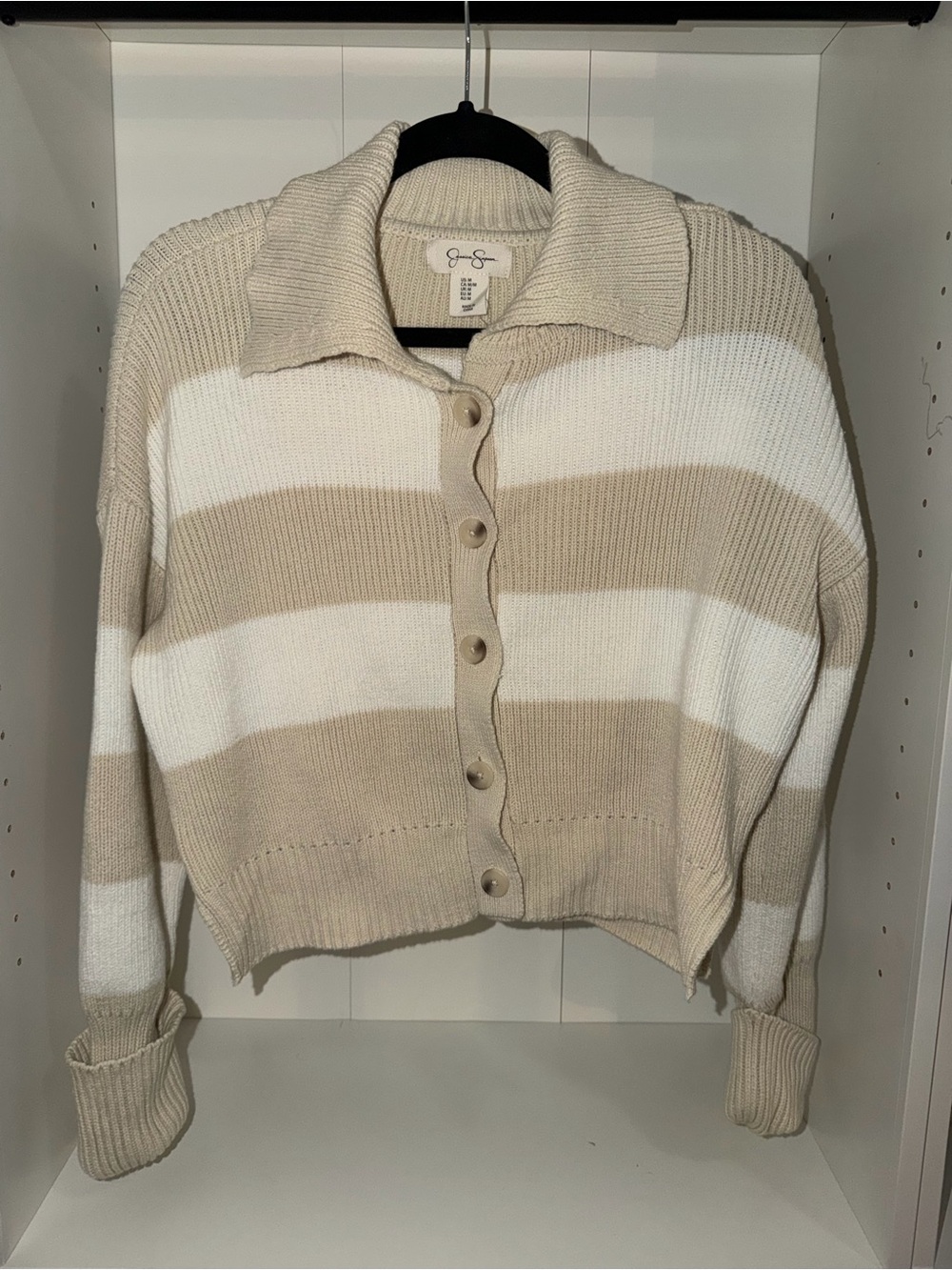 Jessica Simpson Beige and White Striped Button-Up Cardigan